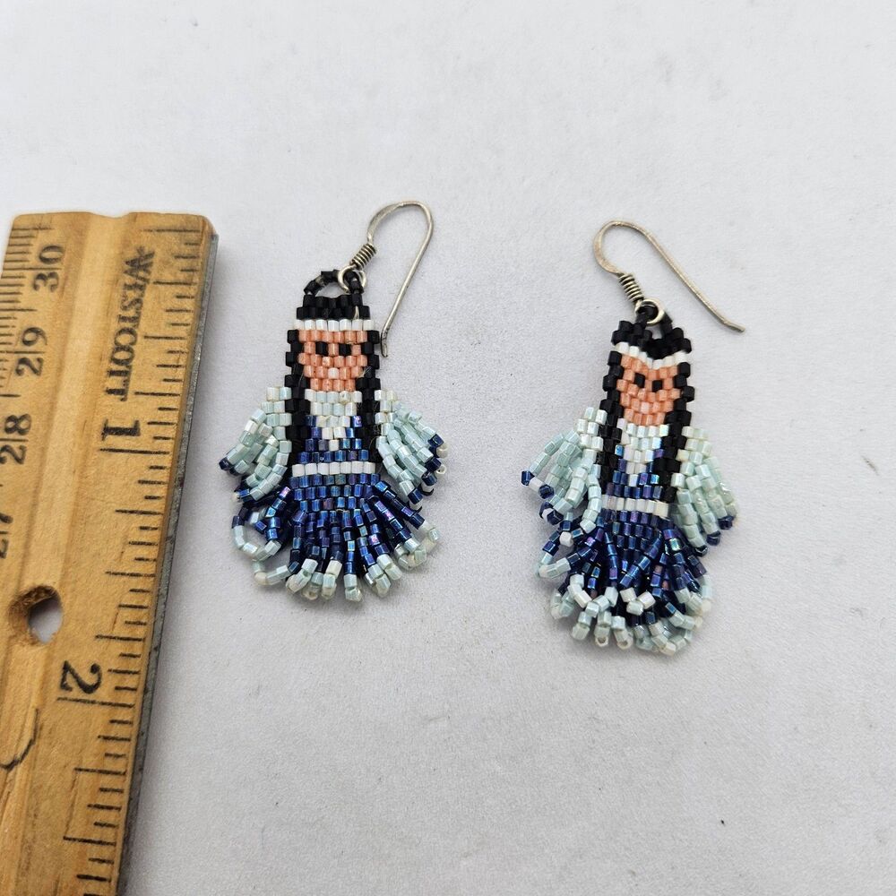 Native American Bead and Sterling Silver Dangle Earrings 925
